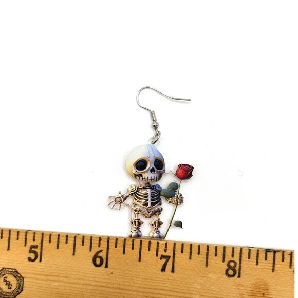 Acrylic Skeleton Holding Red Rose Dangle Earrings Halloween Gothic - Picture 7 of 7